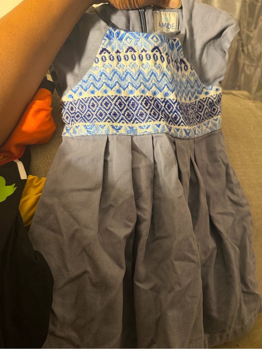 Girls' Gray Skirted Dress with Blue Embroidered Bodice